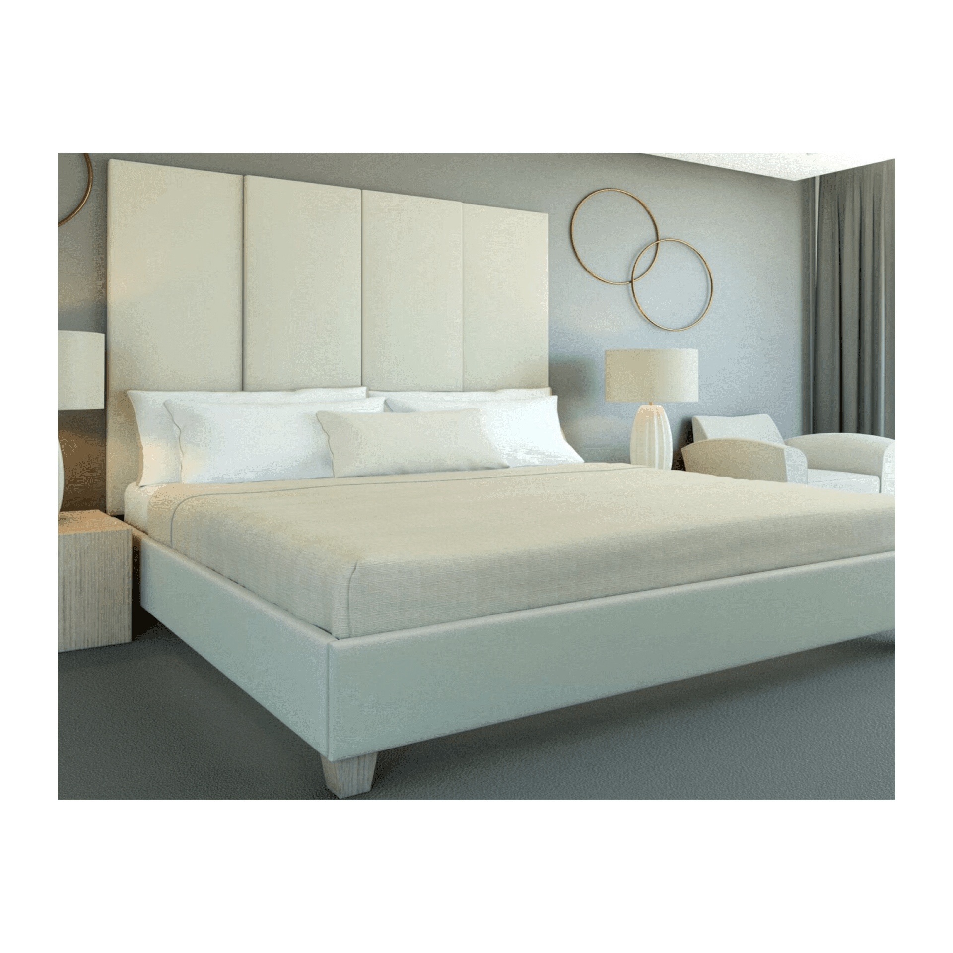 White custom bedroom furniture - custom upholstered headboard​ with custom wall panels | Blend Home Furnishings