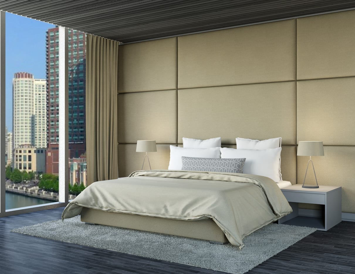 Hadley Interior - Wall mounted upholstered, luxury headboard with custom upholstered wall panels - Custom luxury, upholstered beds with high end, bedroom textiles | Blend Home Furnishings
