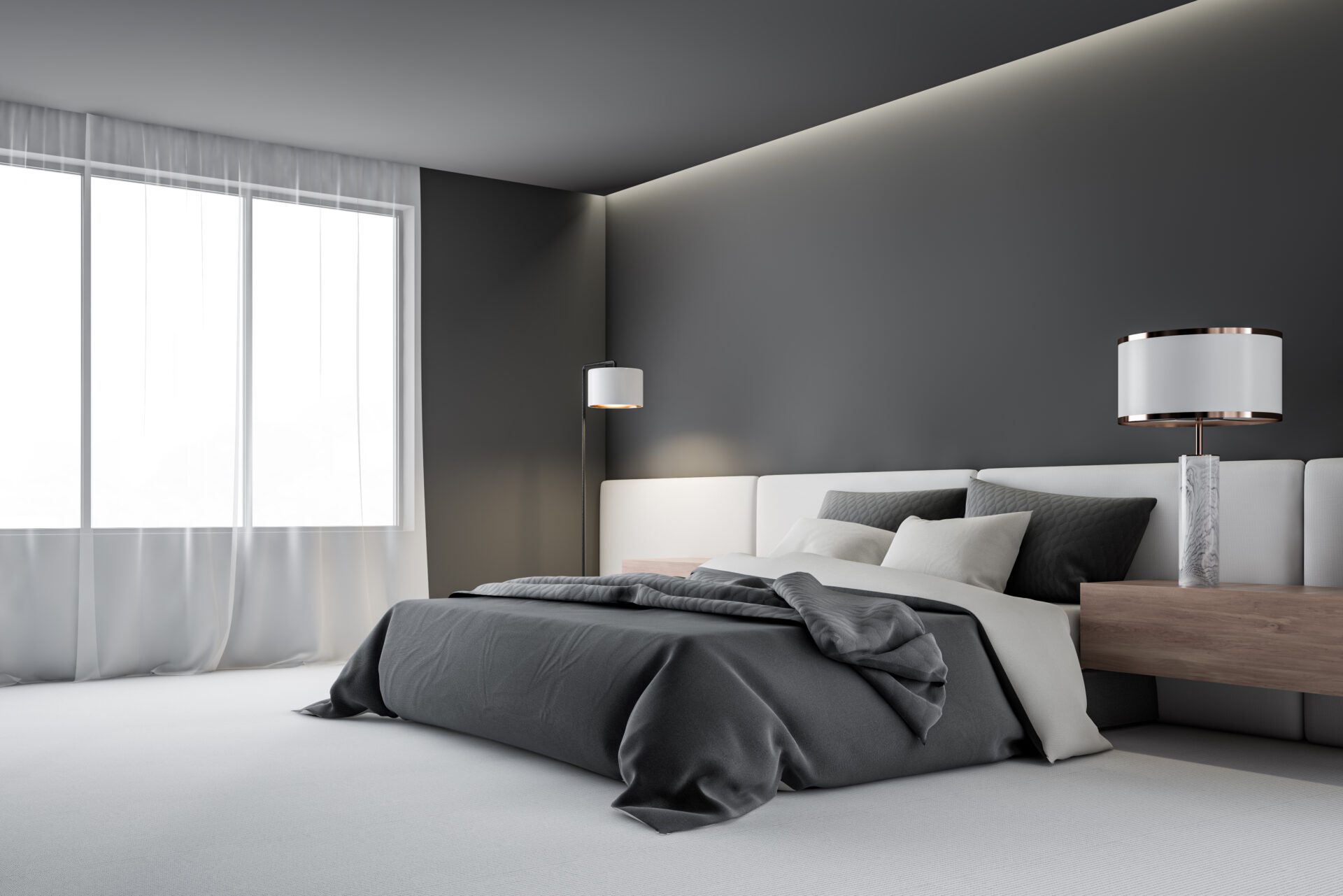 custom bed - Gray master bedroom corner with lamp